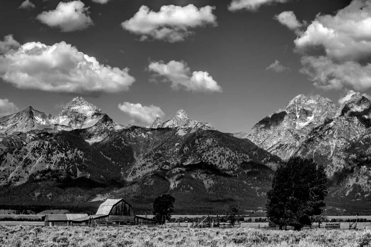 Le mont Grand Teton avec une grange au premier plan.