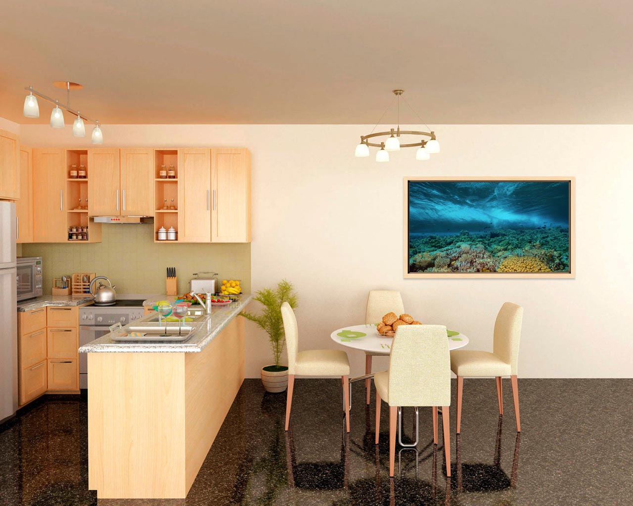 A fine art print in color displayed on a wall of a kitchen.
