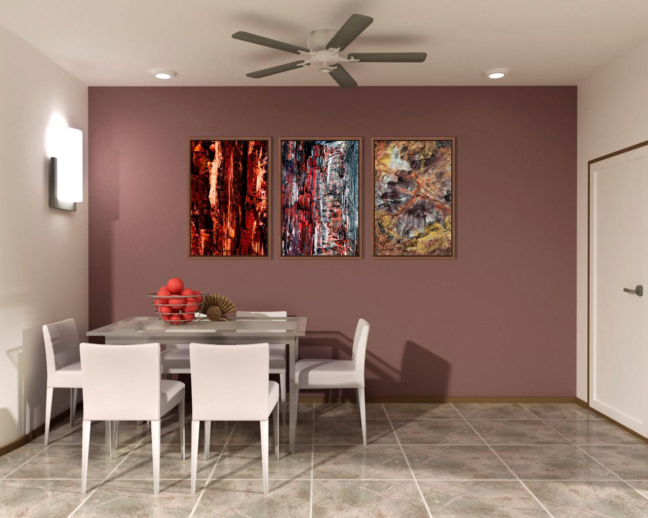 Abstract fine art prints displayed in a kitchen.