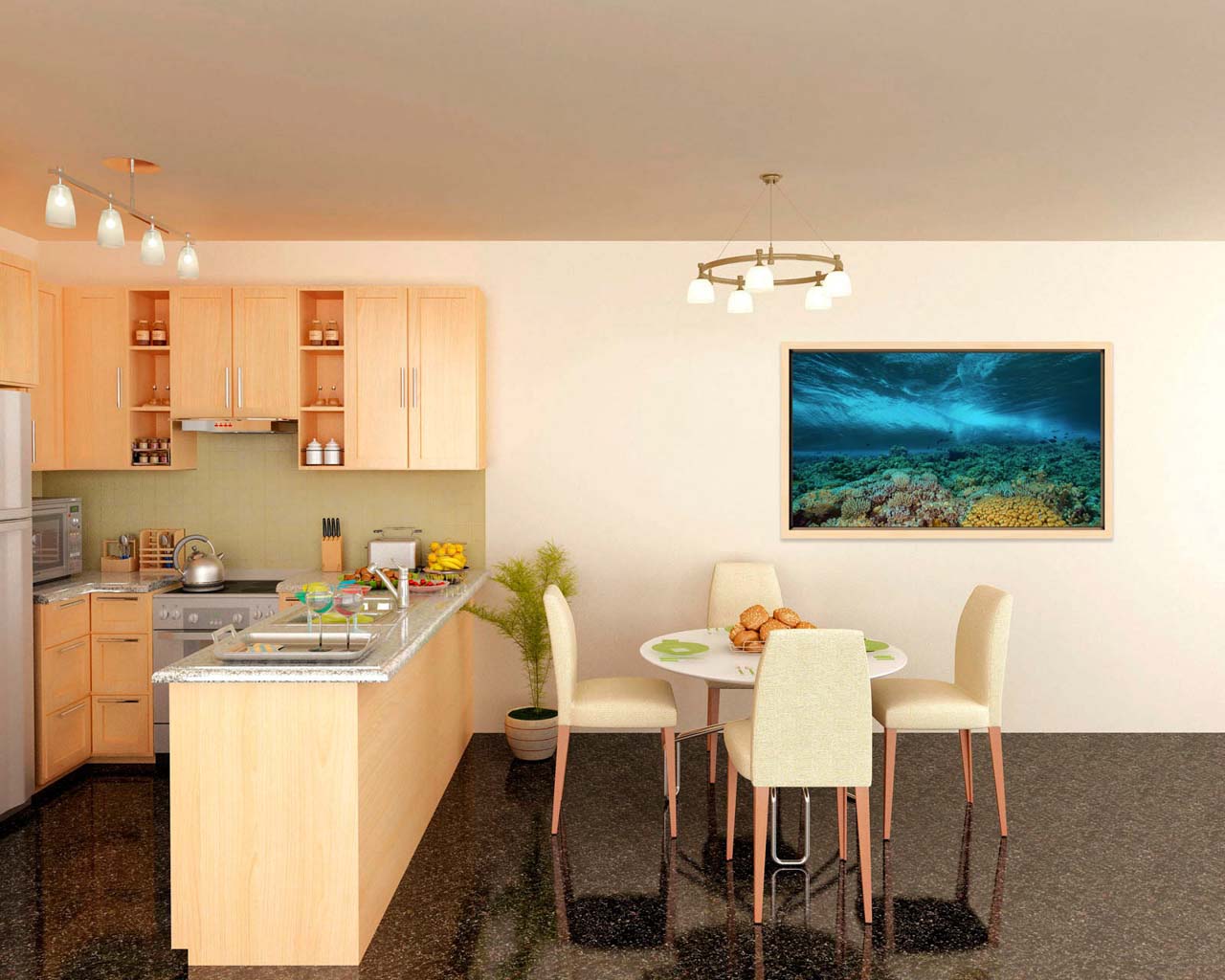 An underwater fine art print displayed on a wall of a kitchen. It evokes dynamism and action.