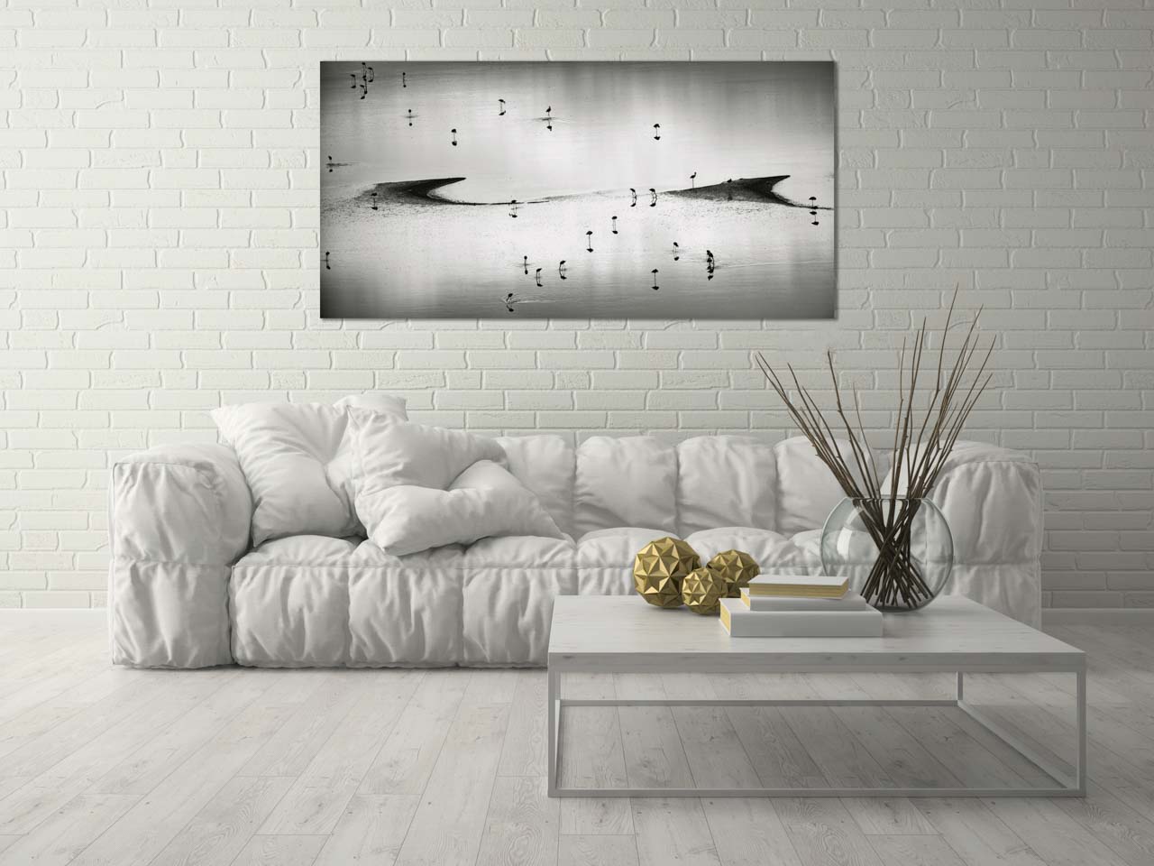 Black and white art photo of birds on Lake Magadi in Kenya.