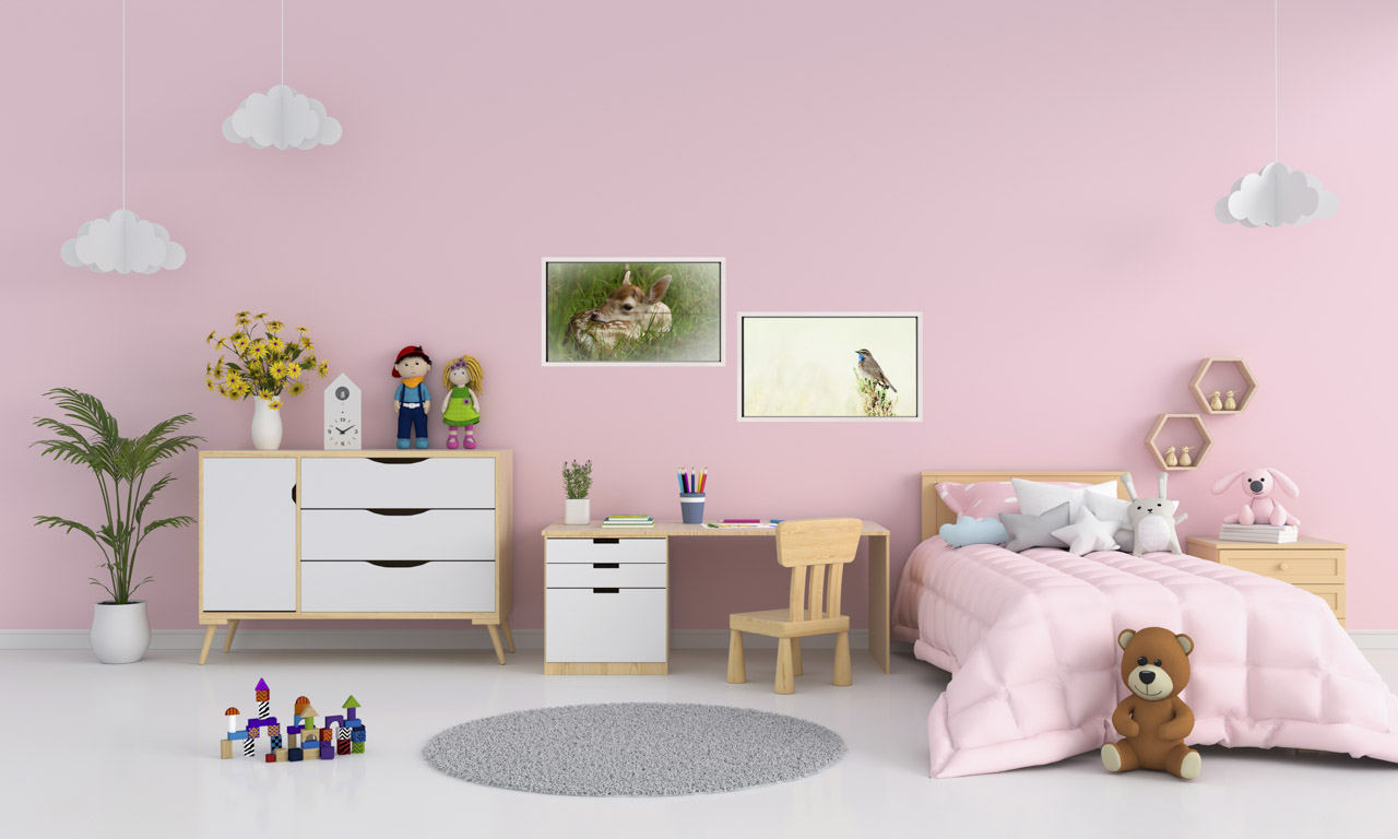 Tirages d'art animaliers en couleur exposés dans la chambre d'un enfant : une petite fille.