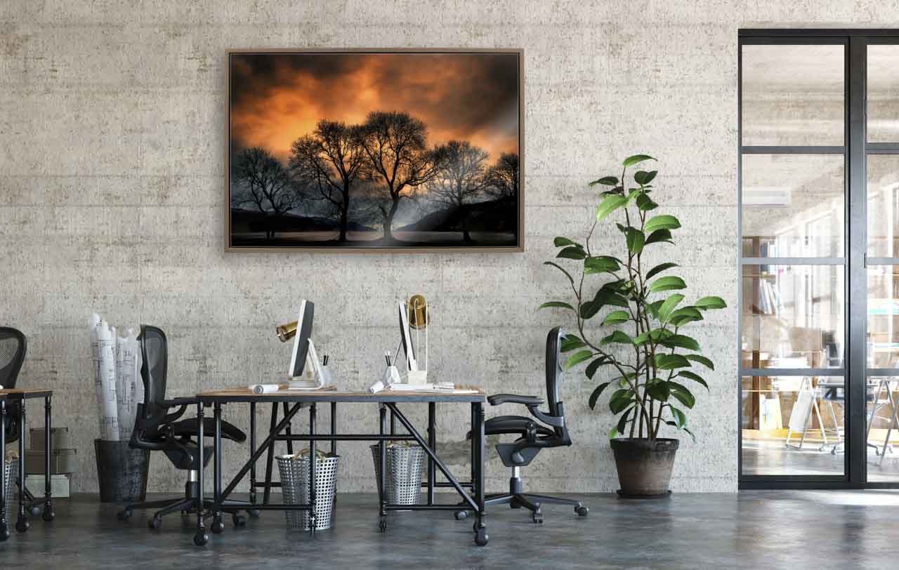 An art photo of Loch Ness on display in an architect's office. An energizing moment of escape in a modern office.