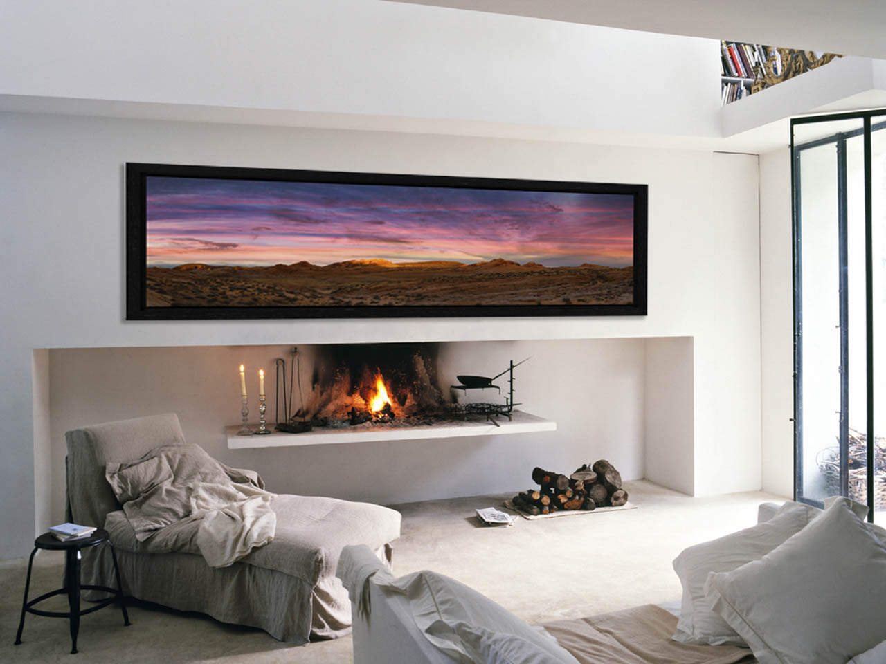 A color fine art print in a panoramic format of Valley of Fire in Nevada esposed in a sitting room.
