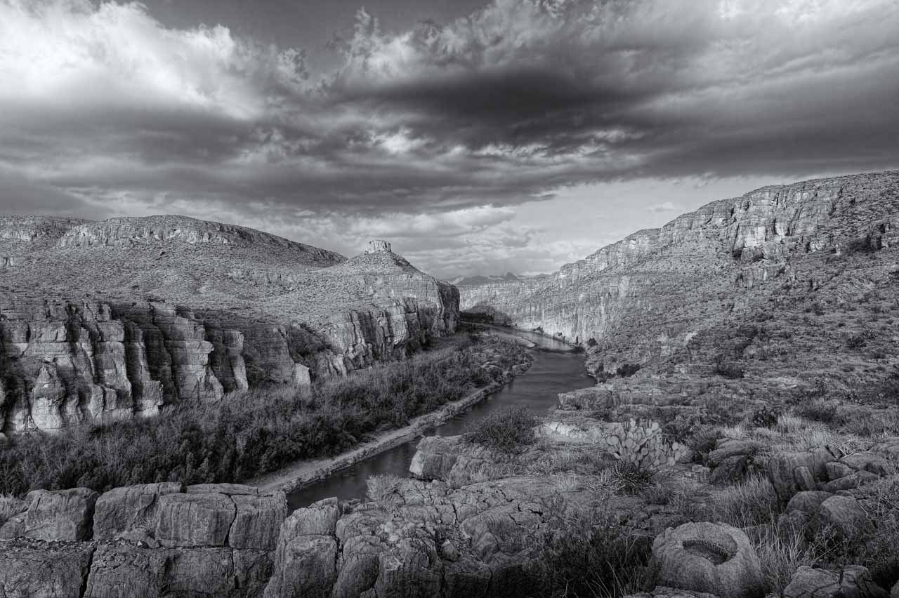 Landscape of Big Bend in Texas. The Rio Grande river: the border between Mexico and United States.