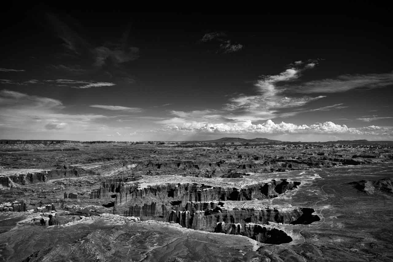 Landscape in black and white of Island in the Sky in Canyon Lands in Utah.