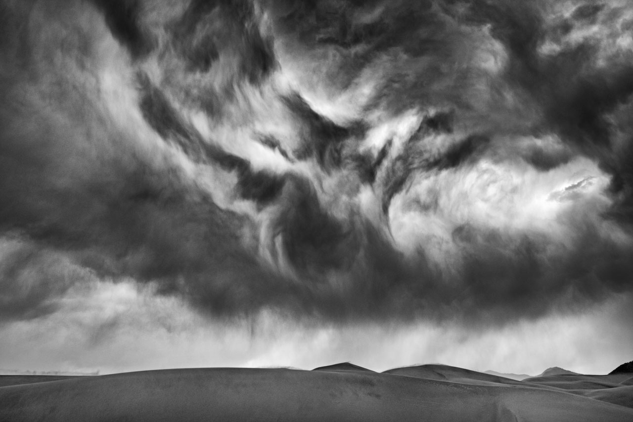 Landscape in black and white of Great Sand Dunes in Colorado in United States.