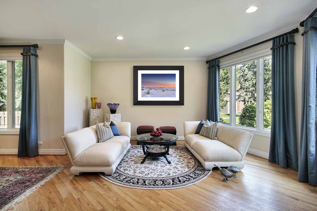 Example of an interior for a client with an art print created by Amar Guillen. A photograph from the 'Wonders of White Sand Dunes' collection.