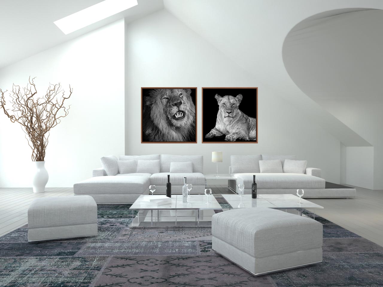 Exemple d'intérieur d'une maison avec des photos d'art du style back to black. Des photos de la collection 'Beautés animales du Kenya'.