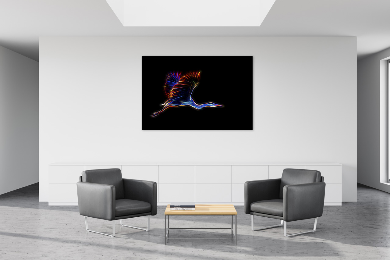 A waiting room with a photo in the style Fusion displayed on the wall. Grey Heron in Fusion.