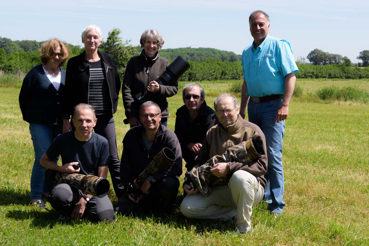 Les participants au stage de photo animalière en Dombes en juin 2018 : Maryse, Francis, Pascale, Olivier, Francine, Didier, Geoffroy et Amar Guillen. 