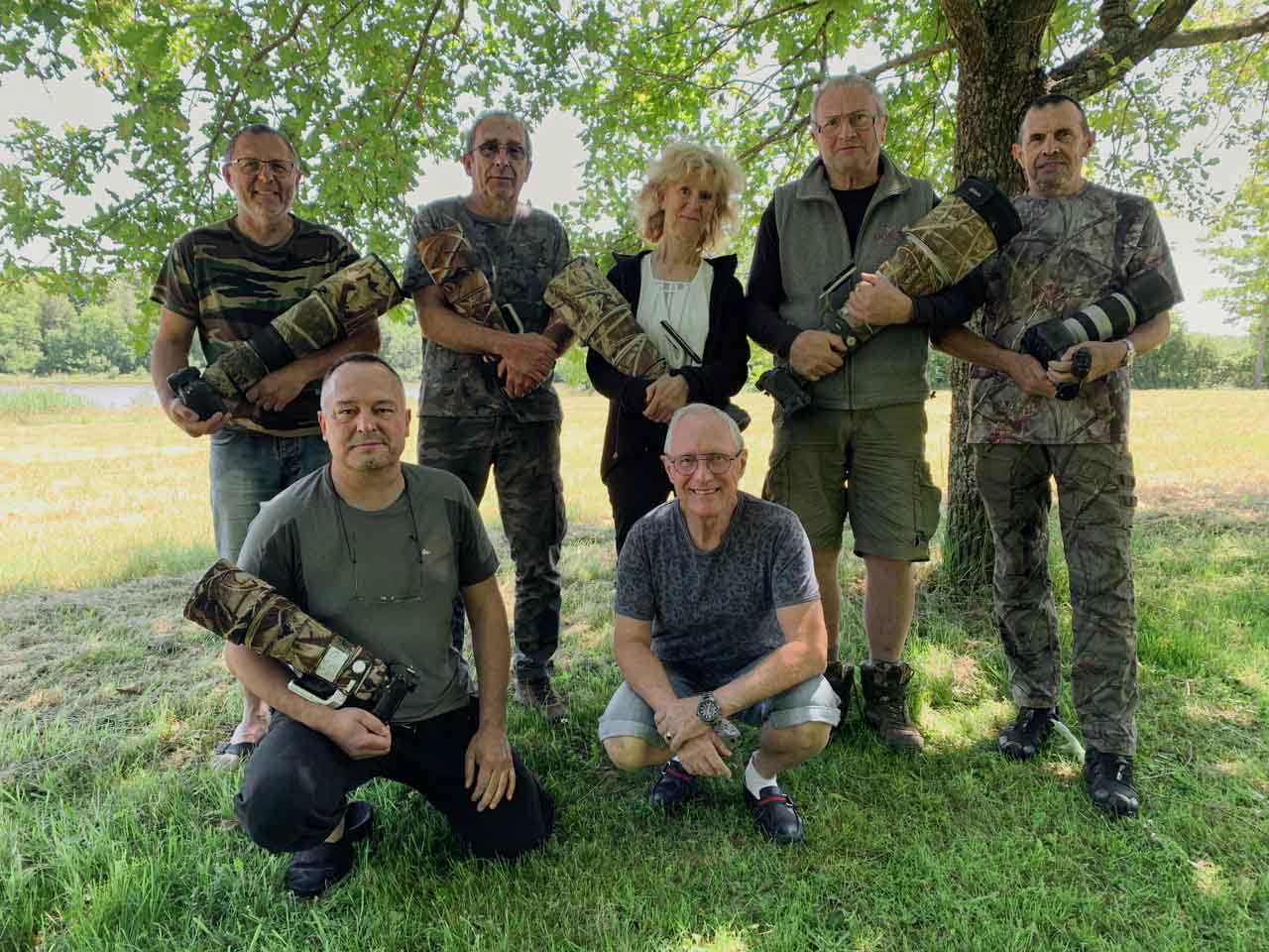 Les participants au stage de photo animalière en affûts flottants du 21 mai 2022 en Dombes.