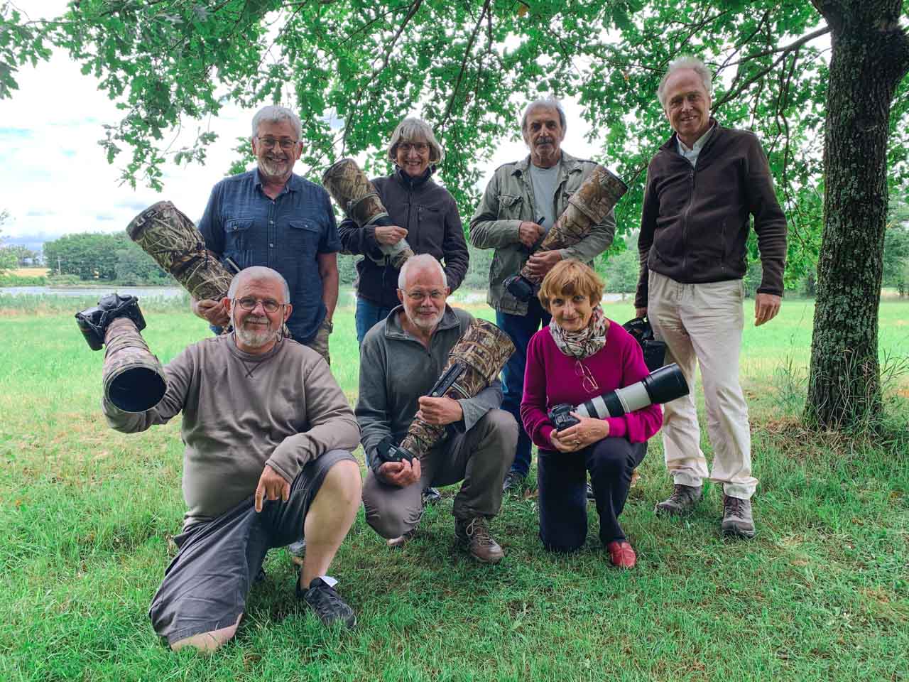 Les participants au stage de photo animalière en affûts flottants du 4 juin 2022 en Dombes.