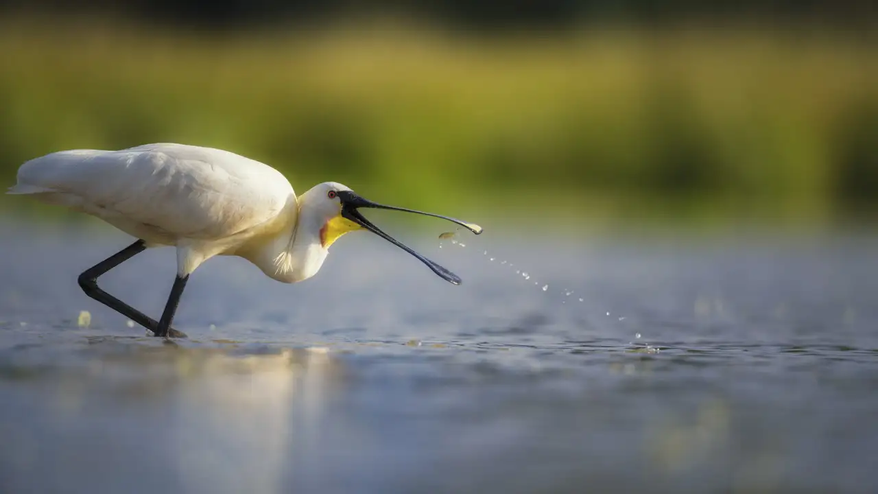 Spatule blanche mangeant un poisson sur un étange de la Dombes pendant un stage photo en affût flottant.