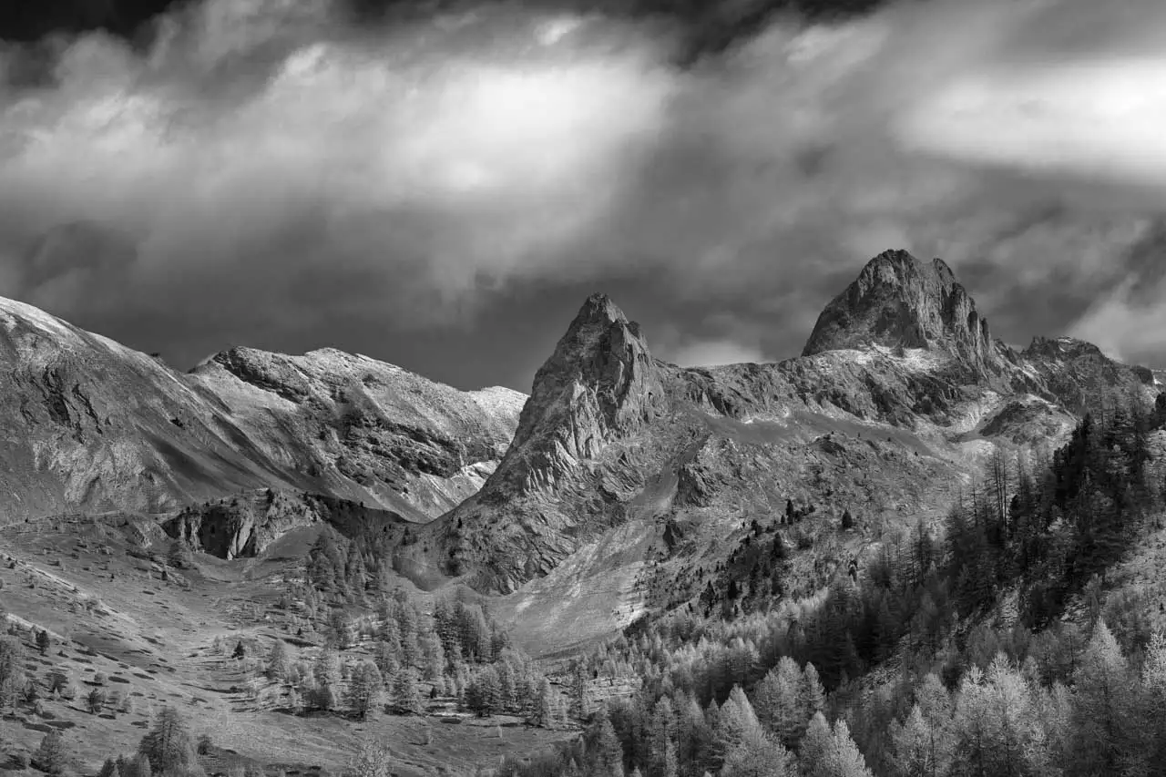 Landscape of the Queyras in Hautes-Alpes in France in black and white