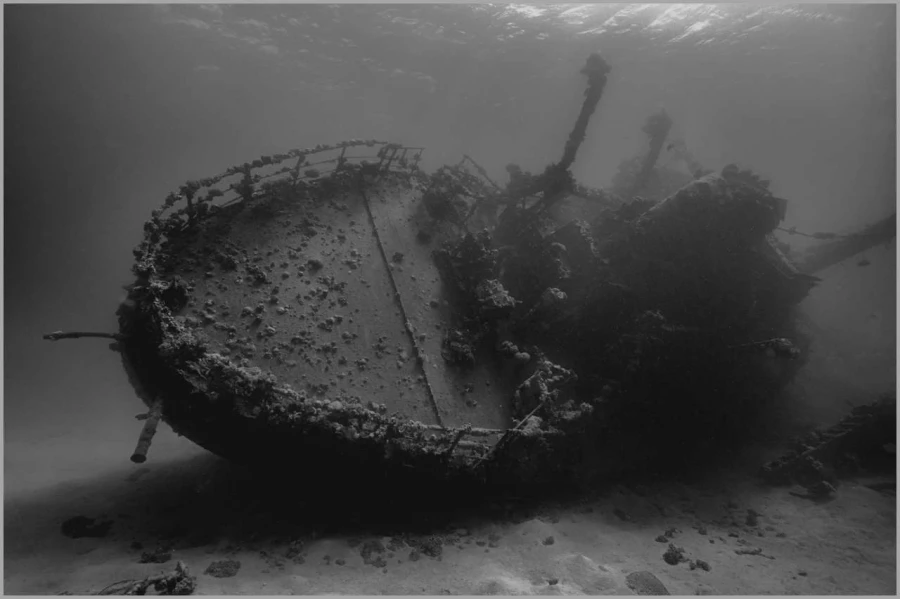 Hamata Wreck in the Red Sea in Egypt in black and White.