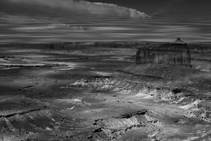 Canyonlands Island in the Sky in Utah in black and white.