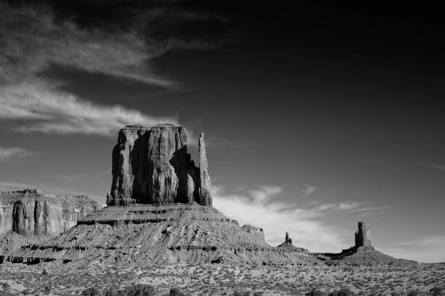 Landscape in black and white of Monument Valley in Arizona in Un