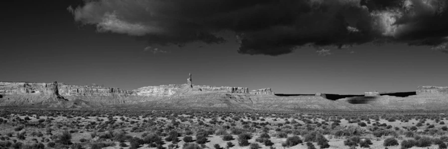 Landscape of Valley of the Gods in Utah in black and white.