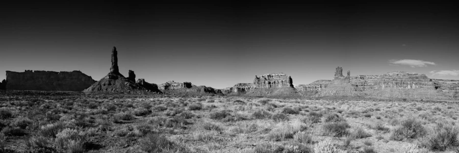 Landscape of Valley of the Gods in Utah in black and white.