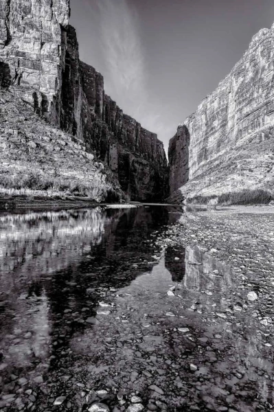 Landscape of Big Bend in Texas in black and white.