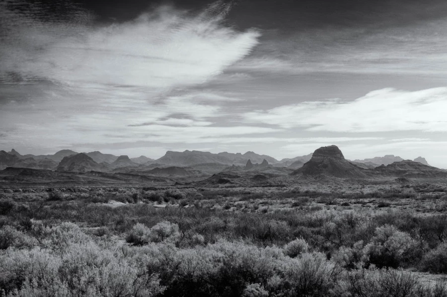 Landscape of Big Bend in Texas in black and white.