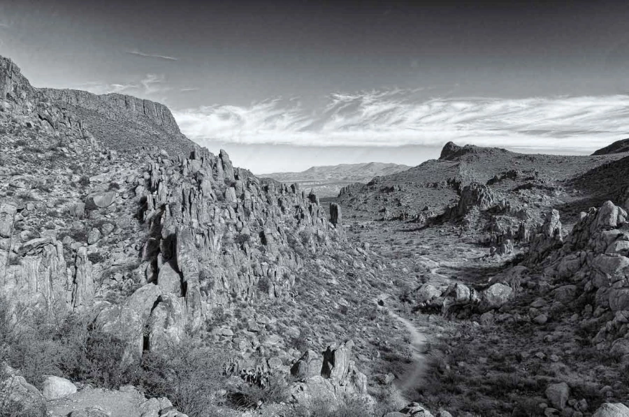 Paysage de Big Bend au Texas en noir et blanc.