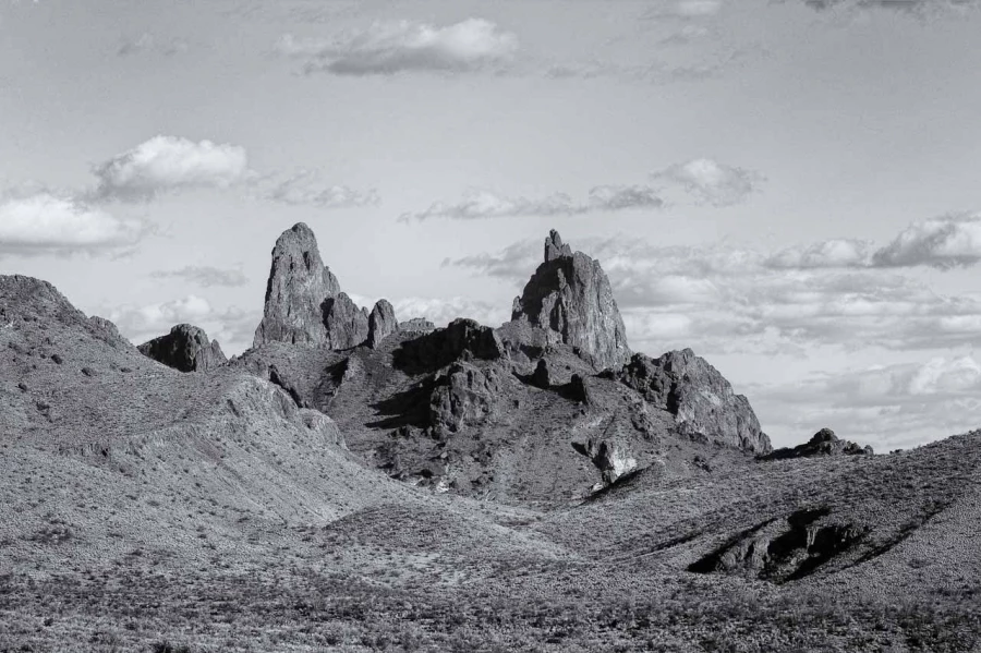 Paysage de Big Bend au Texas en noir et blanc.