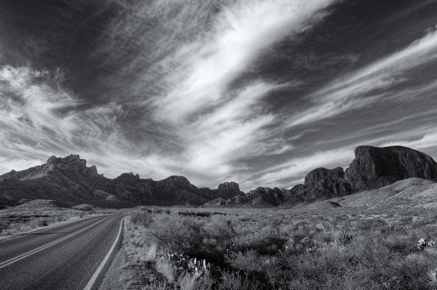Landscape of Big Bend in Texas in black and white.