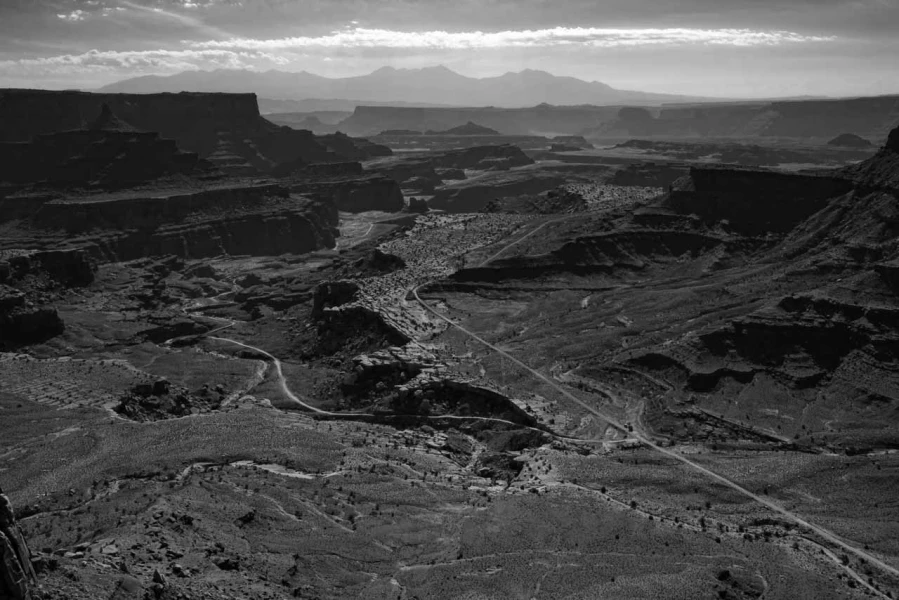 Landscape in black and white of Island in the Sky in the Canyonl