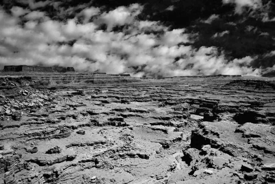 Landscape in black and white of Island in the Sky in the Canyonl