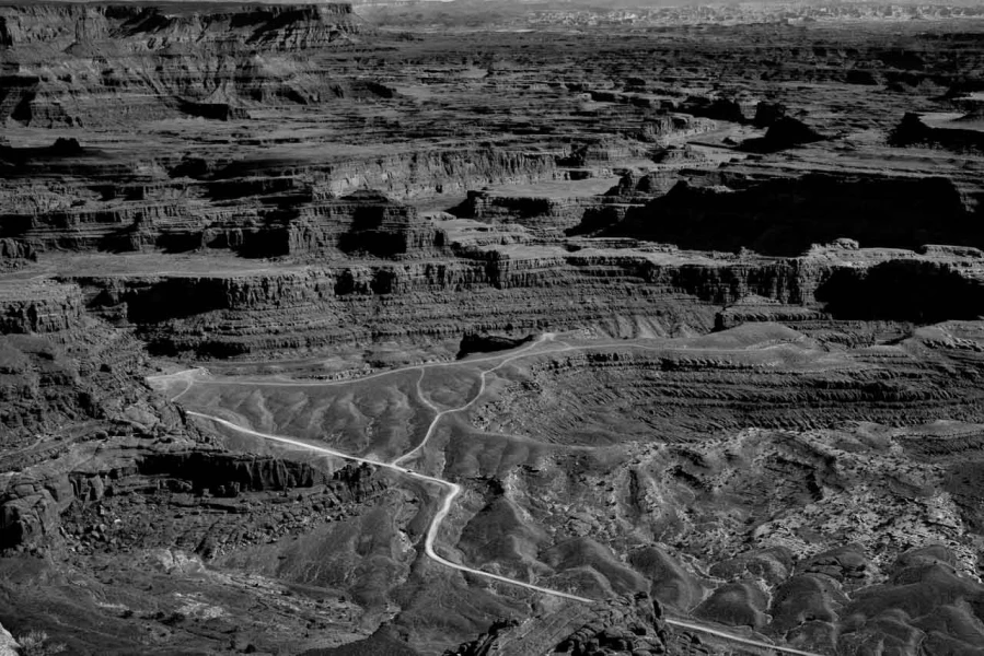 Landscape in black and white of Island in the Sky in the Canyonl