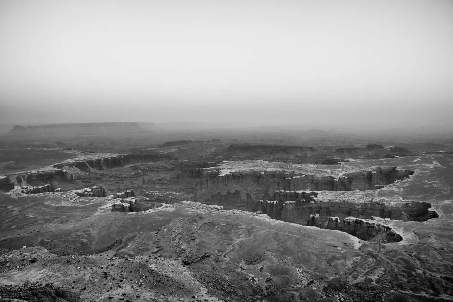 Landscape in black and white of Island in the Sky in the Canyonl