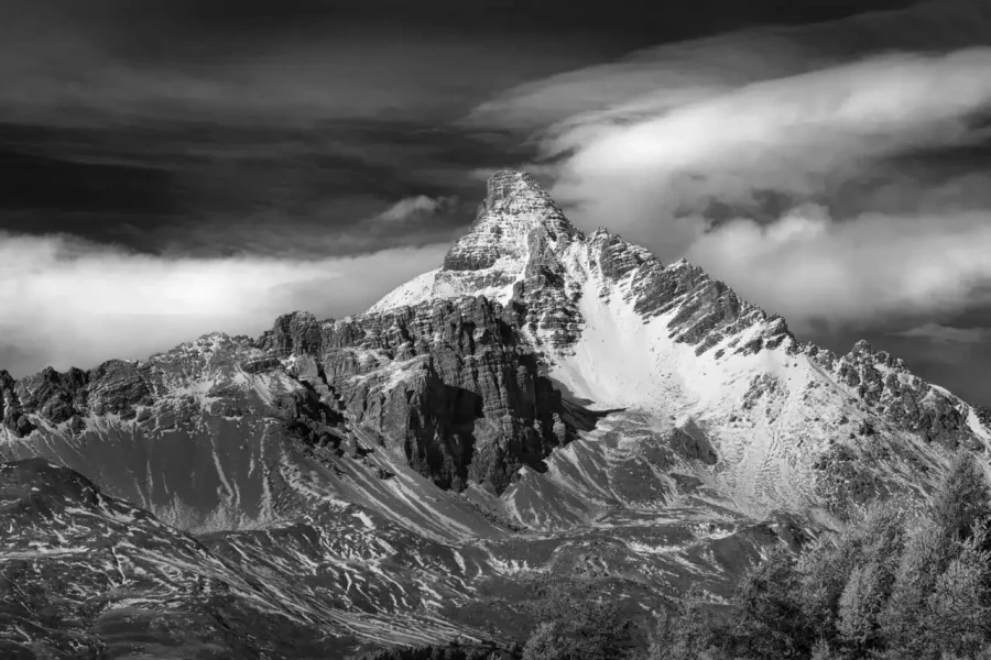 Landscape in black and white of the Queyras in the Hautes-Alpes in France.