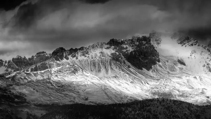 Landscape in black and white of the Queyras in the Hautes-Alpes in France.