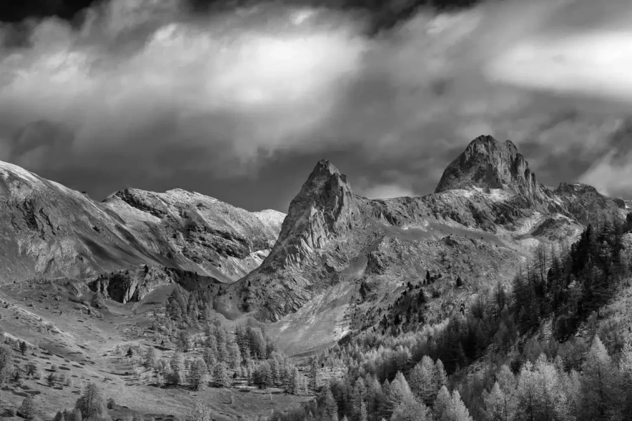 Landscape in black and white of the Queyras in the Hautes-Alpes in France.