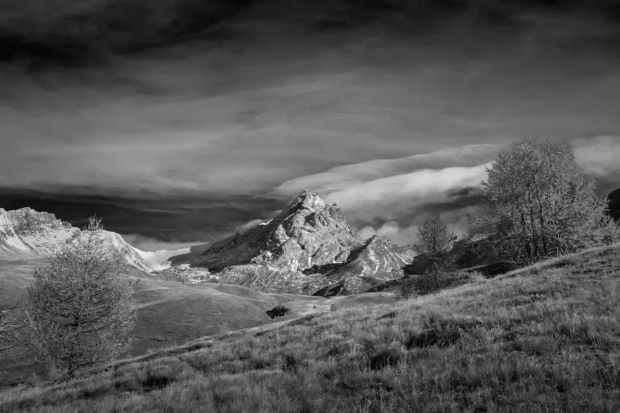 Landscape in black and white of the Queyras in the Hautes-Alpes in France.