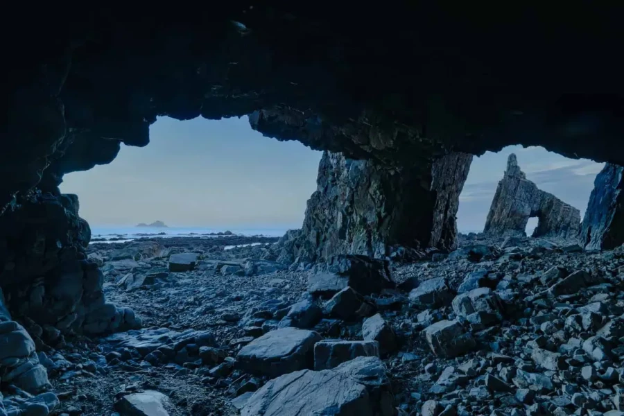 Seascape of the Asturias in Spain. The waves are breaking on the cliffs or the rocks of the coast.