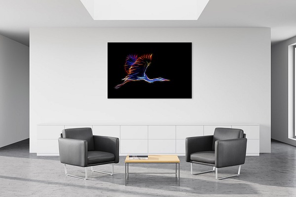 UUne photo d'art d'un héron dans une salle d'attente. Cette photo est dans le style fusion.