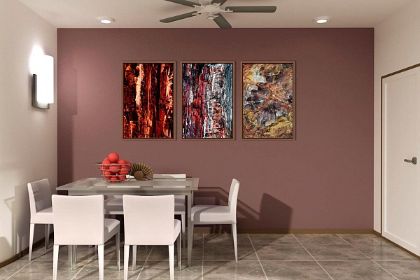 Abstract fine art prints displayed in a kitchen.