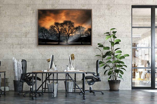 An art photo of Loch Ness on display in an architect's office. An energizing moment of escape in a modern office.