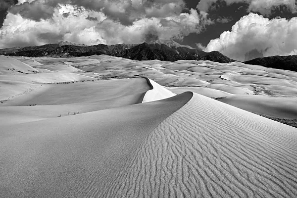 Une photo d'art en noir et blanc d'une dune dans le parc national de Great Sand Dunes dans le Colorado aux Etats-Unis. Photographie par Amar Guillen, artiste photographe.