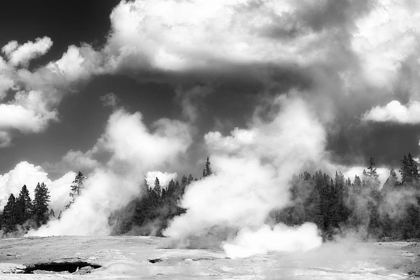 Geysers au Yellowstone à Norris Geyser Basin. Photographie d'art en noir et blanc par Amar Guillen, artiste photographe.