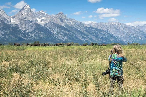 Sylvie, une stagiaire photographiant des bisons pendant un stage dans le Grand Teton dans le Wyoming aux Etats-Unis.