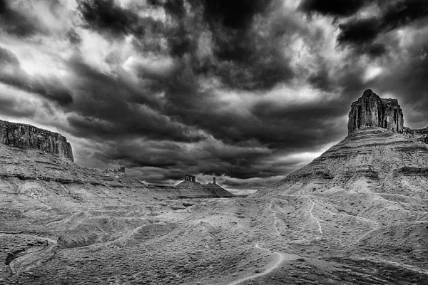Black and white photo of Castle Valley in Utah near Moab