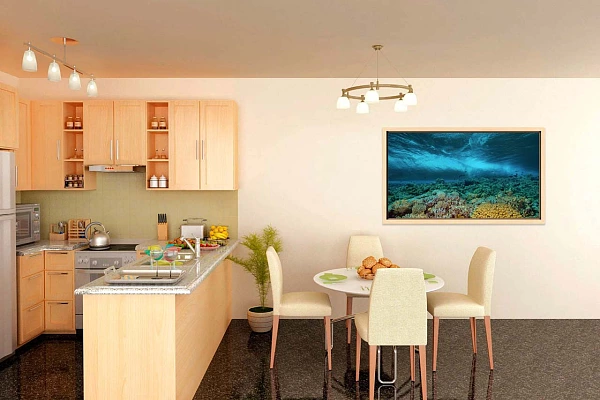 An underwater fine art print displayed on a wall of a kitchen. It evokes dynamism and action.