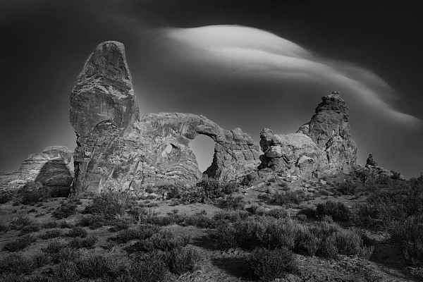 Paysage du parc national des arches dans l'Utah aux Etats-Unis en noir et blanc