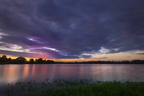 Lever de soleil sur un étang de la Dombes dans l'Ain en France.