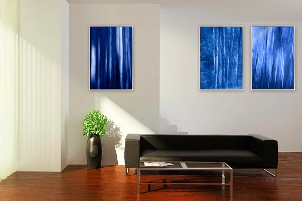 Photos d'art abstraites accrochées dans une salle d'attente.