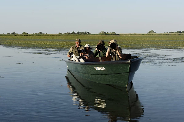 Un groupe de stagiaires prenant des photos depuis une barque pendant un stage dans le delta du Danube en Roumanie.